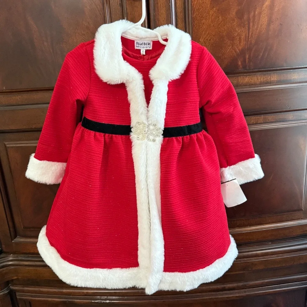 NWT Blueberi Boulevard Dress and Coat Set Toddler Girls 3T Fur Holiday Christmas